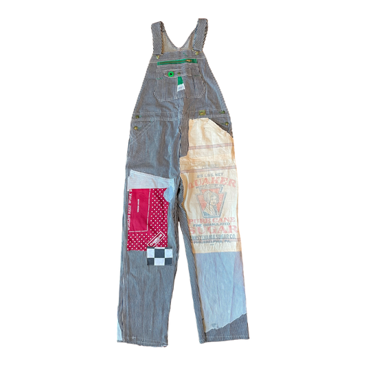 Striped feed sack overalls